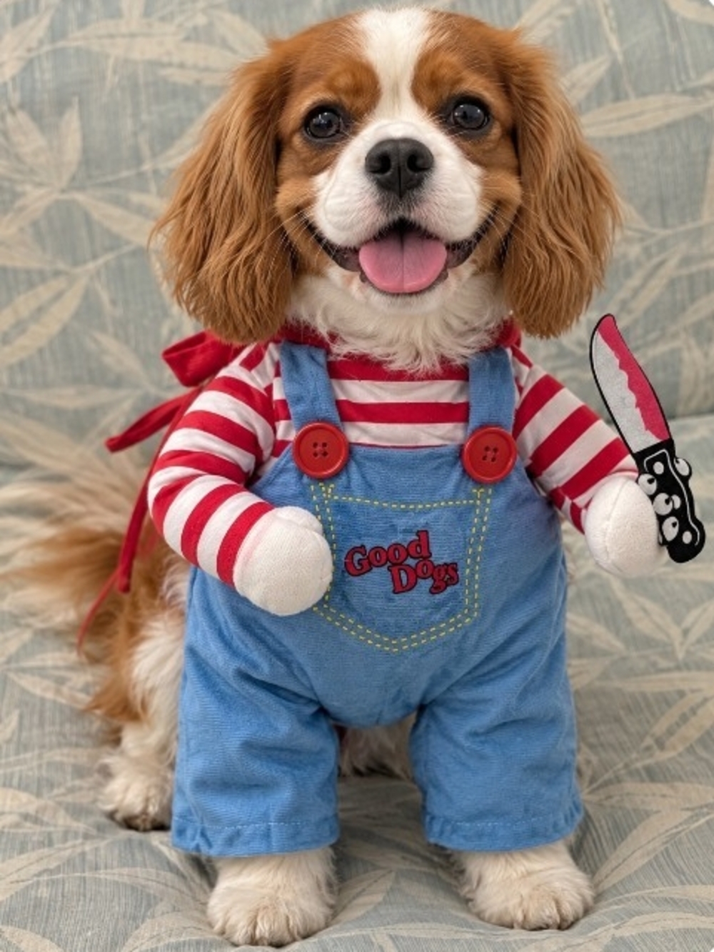 Blue Overalls Costume for Dogs - Red & White Striped Shirt. Size Medium